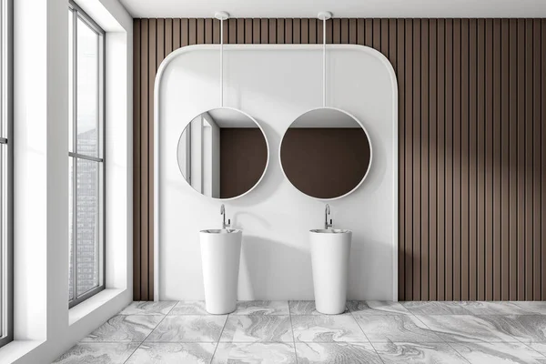 White Bathroom Interior Double Sink Two Mirrors Panoramic Window Singapore — Fotografia de Stock
