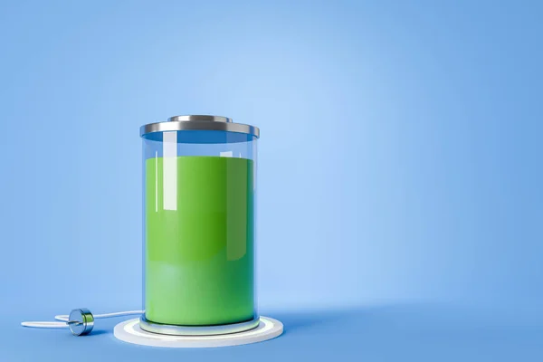 Power Source Charging Accumulator Battery Green Level Indicator Blue Background — Stockfoto