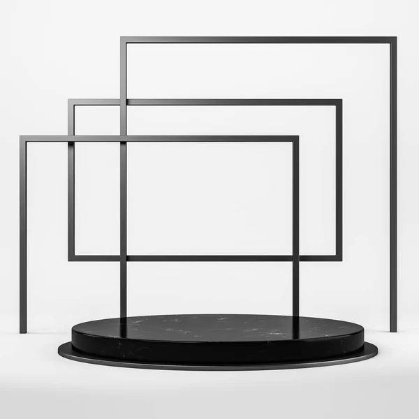 Black marble platform and line frame. Minimalist mockup for product display, advertising goods. Product presentation, mock up copy space. 3D rendering