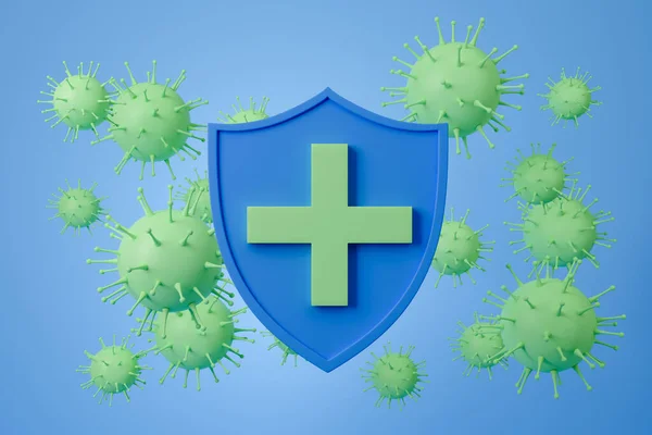 Antibacterial, anti virus shield with green cross, corona and omicron cells, blue background. Concept of health and protection. 3D rendering