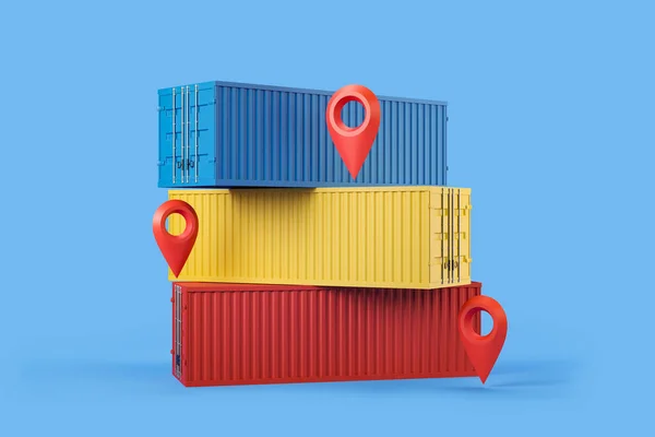 Stack of closed colorful containers, light blue background. Logistics, location pin and tracking. Concept of export and import. 3D rendering