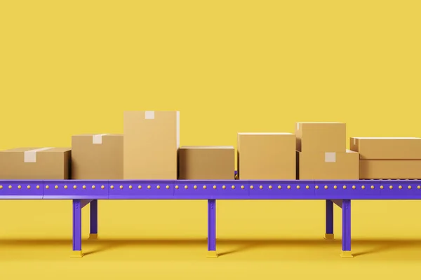 Conveyor and carton boxes on production line, automated assembly line on yellow background. Concept of packaging and delivery. Copy space. 3D rendering