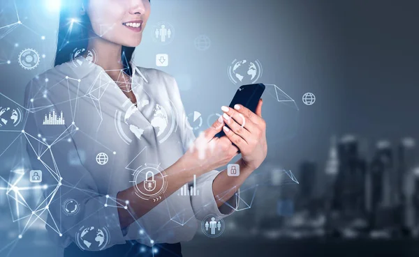 Businesswoman Using Phone Hands Abstract Worldwide Connection Hologram Metaverse Data — ストック写真