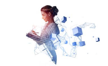 Young attractive businesswoman wearing formal wear is taking notes in notebook. City skyscraper. Digital interface with virtual geometrical figures. Concept of trading on analyzing methods of business