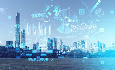 Forex diagrams, business hud with digital data and chart, New York skyscrapers and central park. Hologram with worldwide analysis. Concept of global finance