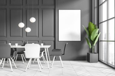 Front view on dark dining room interior with empty white poster, dinner table with chair, panoramic window, grey wall, oak wooden hardwood floor. Concept of minimalist design. Mock up. 3d rendering