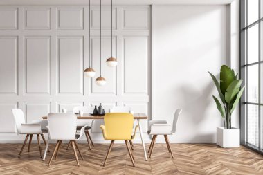 Front view on bright dining room interior with dinner table with six chairs, panoramic window, houseplant, white wall, oak wooden hardwood floor. Concept of minimalist design. 3d rendering