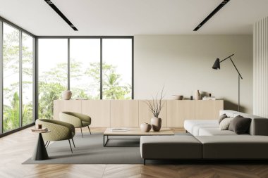 Modern living room interior with sofa and armchairs, coffee table and drawer with art decoration, carpet on hardwood floor. Panoramic window on tropics. 3D rendering