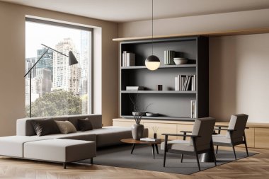 Beige living room interior with sofa, two armchairs and coffee table, side view, panoramic window on New York city view. Shelf with decoration, carpet on hardwood floor. 3D rendering