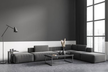 Dark living room interior with sofa, front view, hardwood floor. Coffee table with decoration, panoramic window on city view. Mockup copy space wall. 3D rendering