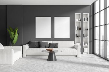Front view on dark living room interior with two empty white posters, panoramic window, armchair, sofa, coffee table, bookshelf, hardwood floor. Concept of minimalist design. Mock up. 3d rendering