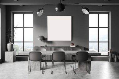 Dark dining room interior with seat and table on grey concrete floor. Dresser with art decoration, side view, panoramic window on countryside. Mockup poster. 3D rendering