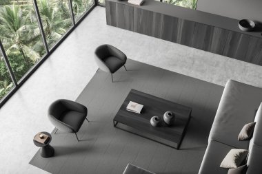 Top view of dark living room interior with armchairs and sofa, coffee table and commode with decoration, carpet on grey concrete floor. Panoramic window on tropics. 3D rendering