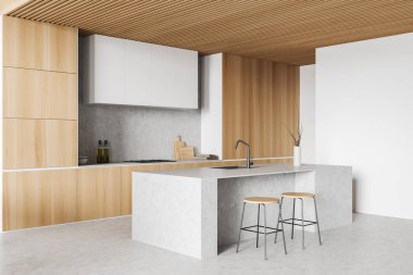Corner view on bright kitchen room interior with island, cupboard, barstools, white wall, concrete floor, sink, plates, oil, gas cooker. Concept of minimalist design. 3d rendering