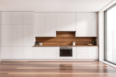 White kitchen interior with sink, stove and oven. Deck with kitchenware and shelves, front view, hardwood floor. Panoramic window on city view. 3D rendering