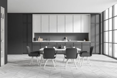 Stylish kitchen interior with armchairs and dining table on light grey hardwood floor, front view. Kitchenware, shelf and panoramic window on city view. 3D rendering