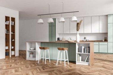 White kitchen interior with bar chairs and island, side view, hardwood floor. Kitchenware and decoration on shelf. Dining area with stylish furniture. 3D rendering