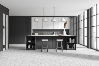 Modern kitchen interior with bar chairs and countertop, light grey hardwood floor. Kitchenware with art decoration. Cooking area with panoramic window on city view. 3D rendering