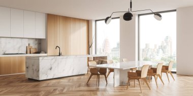 White kitchen interior with bar island, corner view, sink and dining table. Kitchenware on deck. 3D rendering