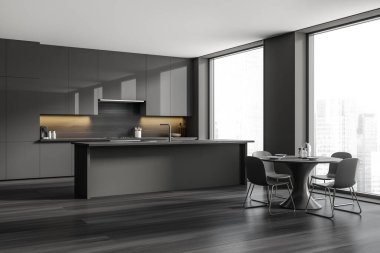 Dark grey kitchen interior with bar island, corner view, sink and dining table. Kitchenware on deck. 3D rendering
