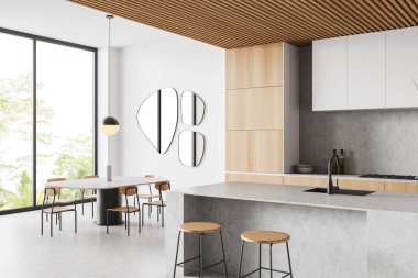 White kitchen interior with dining table, side view, bar island and stool. Panoramic window on tropics. Hotel eating space with kitchenware, light concrete floor. 3D rendering