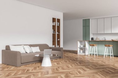 Corner view on bright studio room interior with sofa, coffee table with laptop, cupboard, white wall, barstools, bookshelf, oak wooden hardwood floor. Concept of minimalist design. 3d rendering