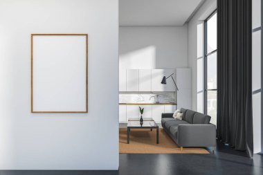 White kitchen interior with relax space with sofa, cooking corner near panoramic window with countryside. Carpet on dark concrete floor. Mockup poster, 3D rendering