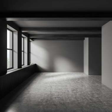 Dark studio interior with grey concrete floor, front view, empty open space apartment with panoramic window on countryside. No furniture, no people. 3D rendering
