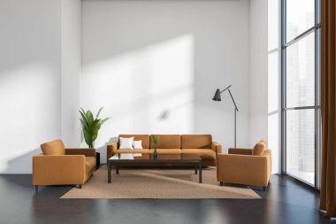 Front view on bright living room interior with empty white wall, panoramic window, armchair, sofa, coffee table, houseplant, concrete floor. Concept of minimalist design. 3d rendering