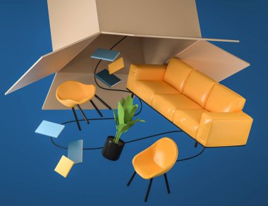 Sofa, armchair falling out of carton box, blue background. Concept of moving house and delivery. Shipping company. 3D rendering
