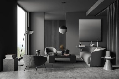 Dark living room interior with sofa and armchairs, coffee table with art decoration and shelf with poster, carpet on grey concrete floor. Panoramic window on countryside. 3D rendering