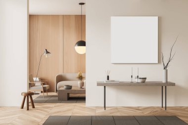 Beige living room interior in hotel, armchair and sofa, shelf with art decoration, carpet on hardwood floor. Mock up blank square poster. 3D rendering