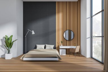 Modern bedroom room interior in hotel studio, bed and dressing table, panoramic window on countryside. Plant and lamp on hardwood floor. 3D rendering