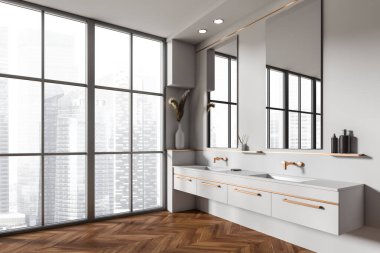 White bathroom interior with double sink and panoramic window on Singapore city view, side view, hardwood floor. Washing corner in hotel studio with decoration. 3D rendering