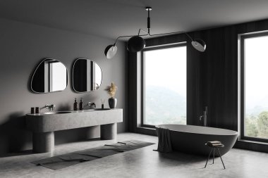 Dark bathroom interior with bathtub and double sink with mirror, side view, carpet on grey concrete floor. Panoramic window on countryside. 3D rendering