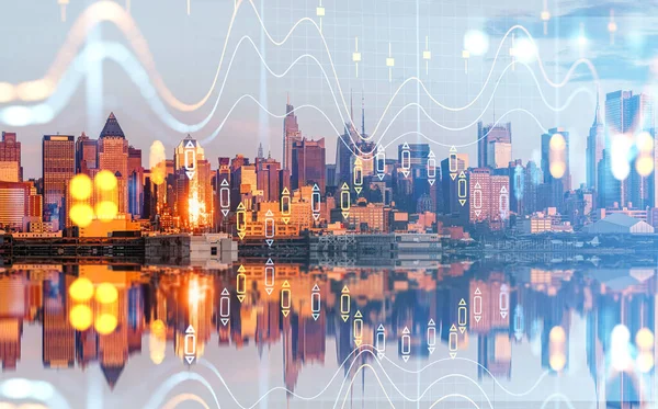 New York Skyline Sunset Waterfront Stock Market Diagrams Digital Hologram — Foto Stock