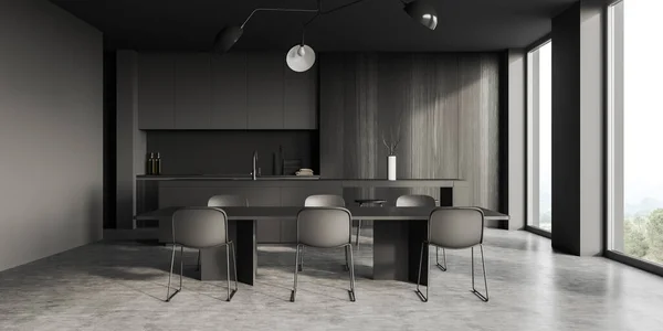 Dark Dining Interior Table Chairs Bar Island Grey Concrete Floor — Stok fotoğraf