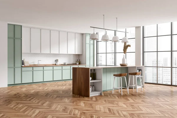 Witte Keuken Interieur Met Barstoelen Eiland Hardhouten Vloer Keukengerei Decoratie — Stockfoto