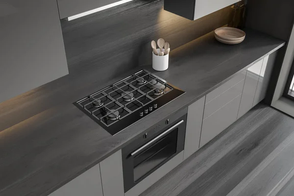Top View Dark Kitchen Interior Deck Appliances Oven Stove Spoon — ストック写真