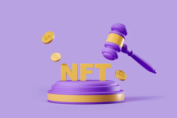 Nft Podium Auction Gavel Gold Coins Floating Concept Digital Art —  Fotos de Stock