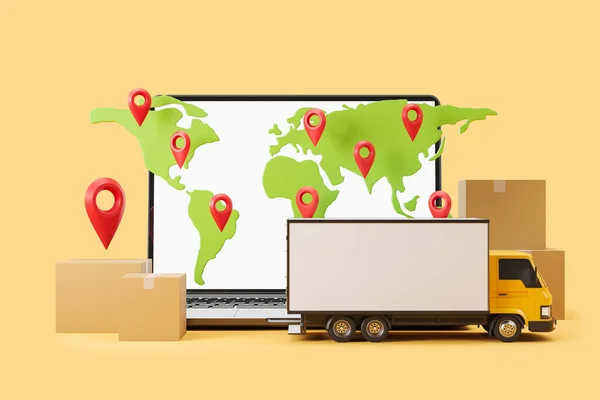 Laptop screen with world map and location pin. Cardboard box and delivery van, logistics. Concept of online tracking. Mockup copy space. 3D rendering