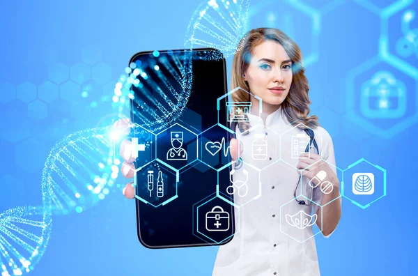 Young woman doctor hold smartphone, diverse medical icons hologram with dna. Mobile app and online consultation. Concept of health care and telemedicine