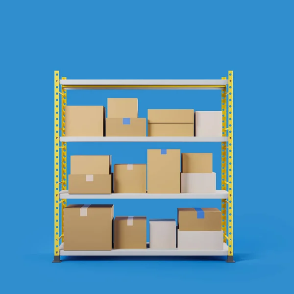 Metal rack full with cardboard boxes, delivery and storage of parcels on blue background. Concept of warehouse. 3D rendering
