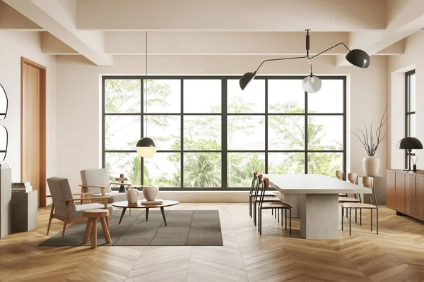 米色客厅内部有座位和桌子在工作室公寓 硬木地板 热带地区的全景窗口 两张扶手椅 上面铺有咖啡桌 3D渲染 — 图库照片
