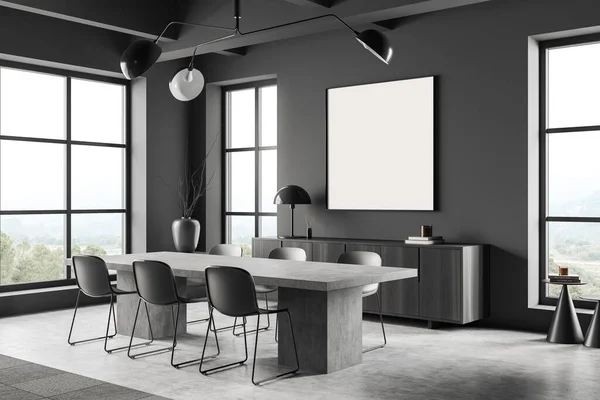Dark Dining Room Interior Seat Table Grey Concrete Floor Dresser — Stockfoto