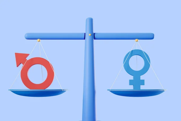 Scales with man and woman symbols on blue background. Concept of gender equality. 3D rendering
