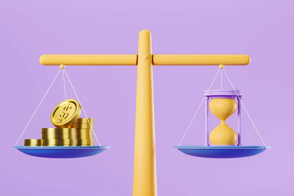 Minimalist scales with money and time on purple background. Concept of life and balance. 3D rendering