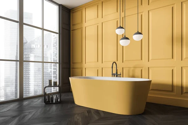 Yellow Bathroom Interior Tub Stand Accessories Side View Panoramic Window — Stock Photo, Image