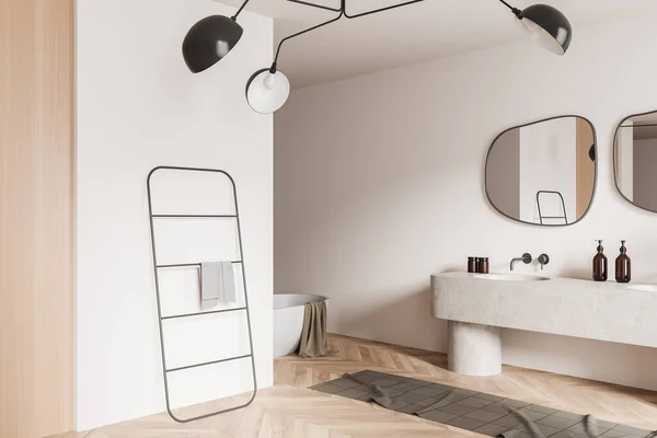 Beige Bathroom Interior Sink Mirror Bathtub Towel Rail Ladder Side — Fotografia de Stock