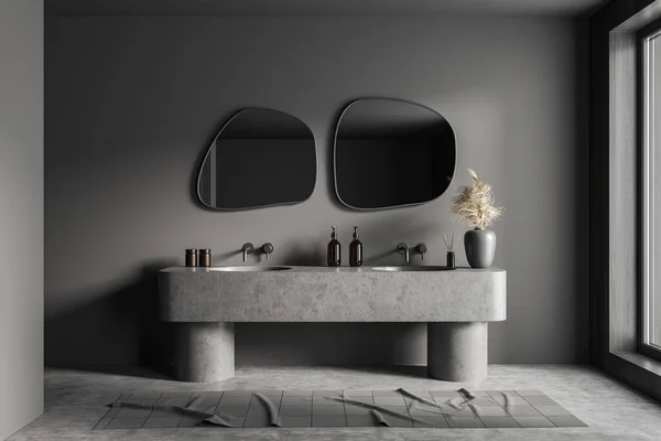Dark Bathroom Interior Double Sink Mirror Carpet Grey Concrete Floor — Stok fotoğraf